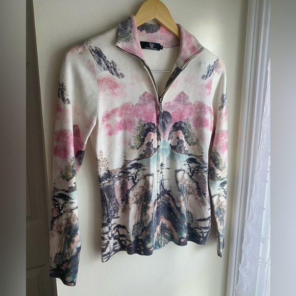 NWT Etoile Du Monde Watercolor Scenic Print Zip Sweater Jacket Soft Multicolor - Picture 1 of 9
